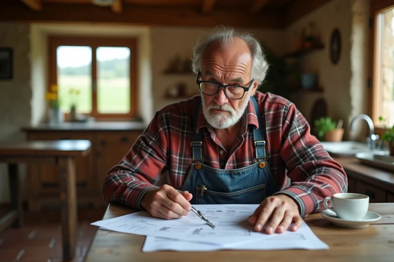 Agriculteur en train de remplir sa déclaration de revenus de fermage à la table de sa cuisine rurale
