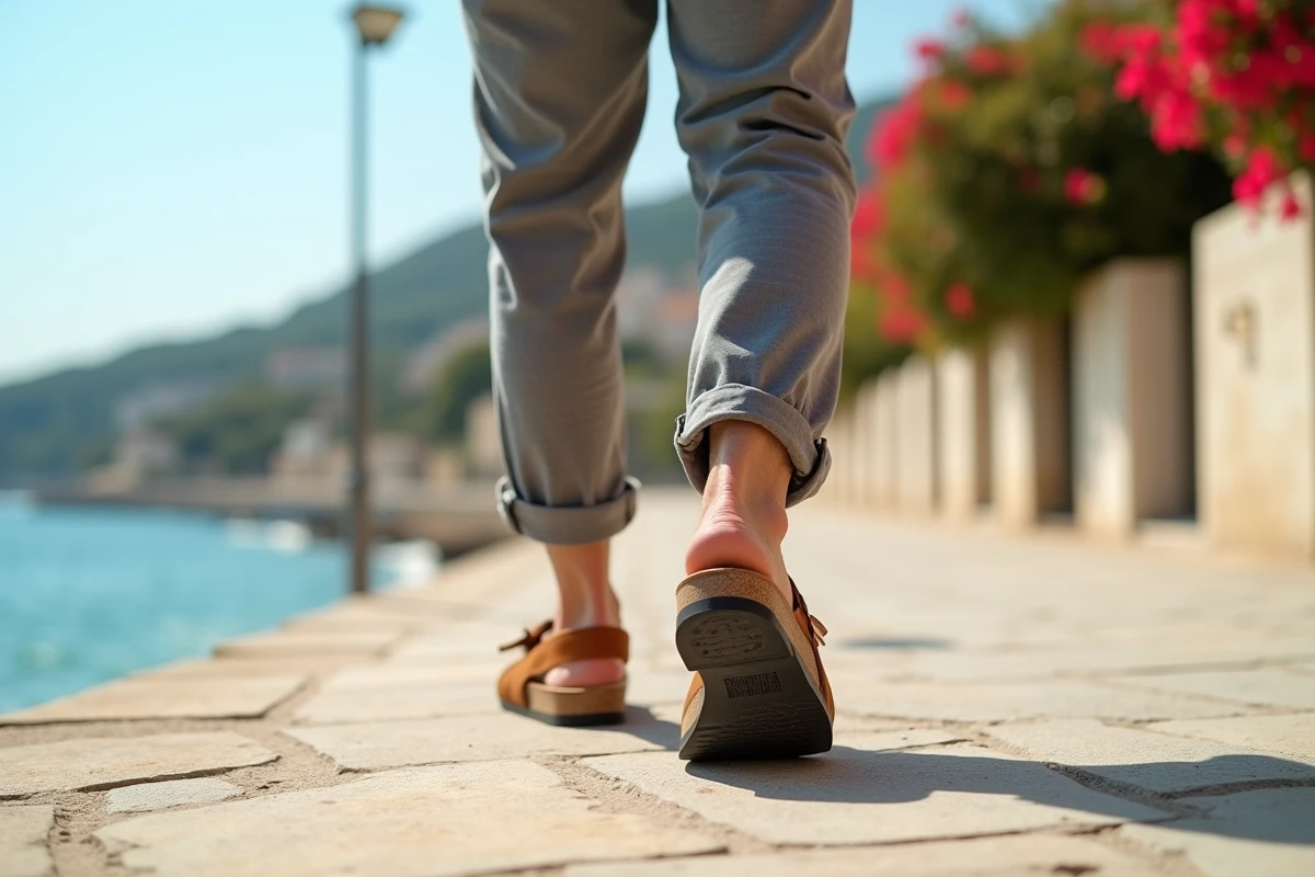 Homme marchant sur une promenade méditerranéenne avec des sandales anatomiques en cuir alternatives aux Birkenstock