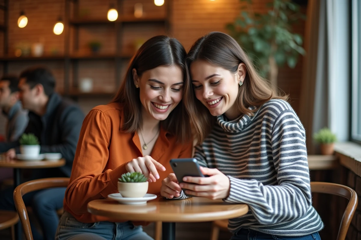 Deux amies découvrant des bonnes affaires en ligne ensemble dans un café tendance