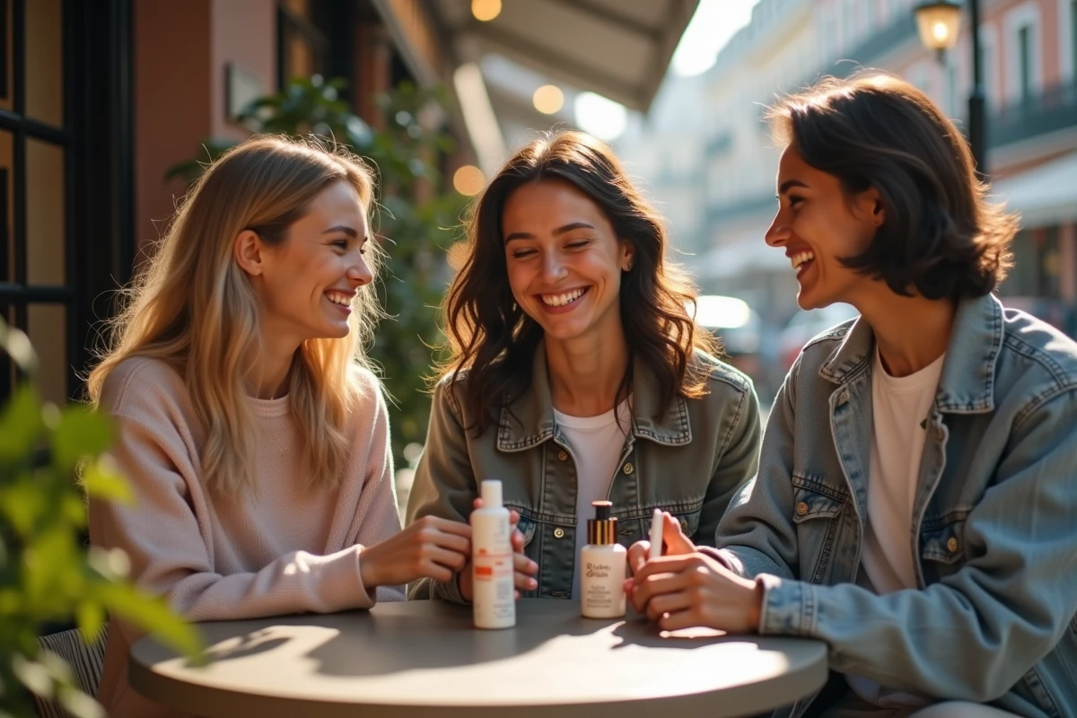 Trois amis partageant des produits de beauté en terrasse