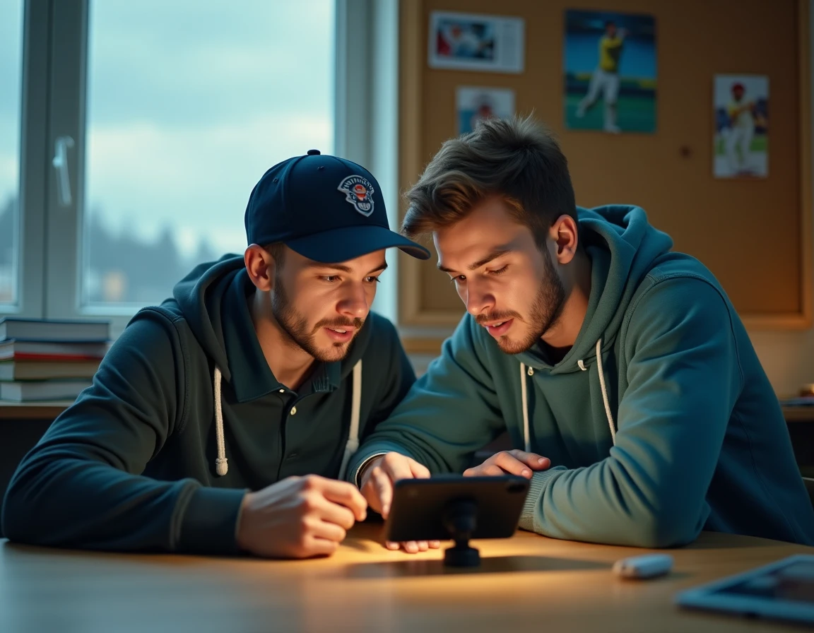 Deux amis regardant un match de cricket en streaming sur smartphone dans une chambre d'étudiant