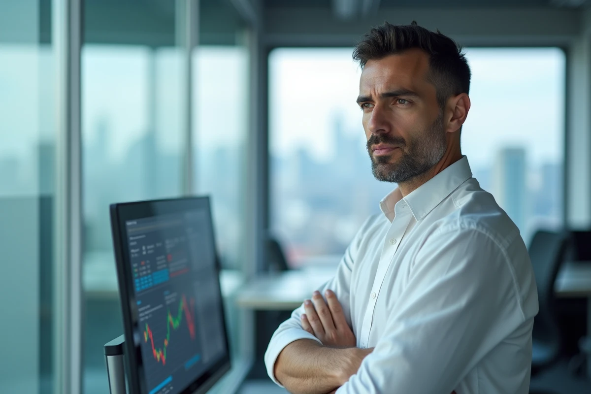 Homme analysant des données financières sur un écran dans un bureau de startup fintech après le passage de Leevna sur BFM Business