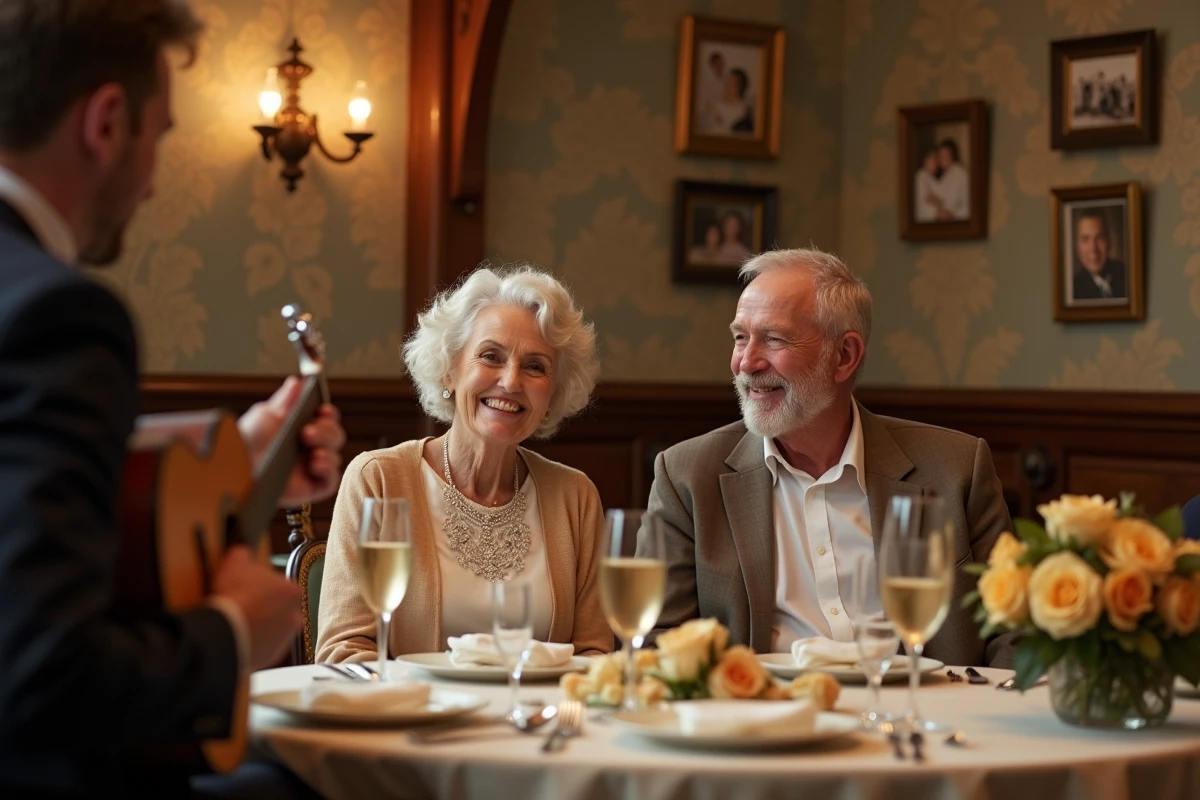Couple de septuagénaires écoutant une chanson en direct lors d'une célébration de noces d'or dans une salle à manger vintage