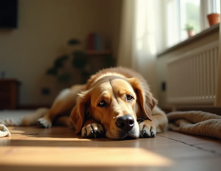Golden retriever allongé au sol avec regard apathique, signe de dysthymie canine