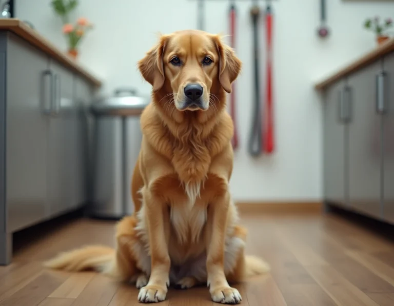 Chien golden retriever semblant triste après le toilettage, assis calmement dans un salon de toilettage moderne