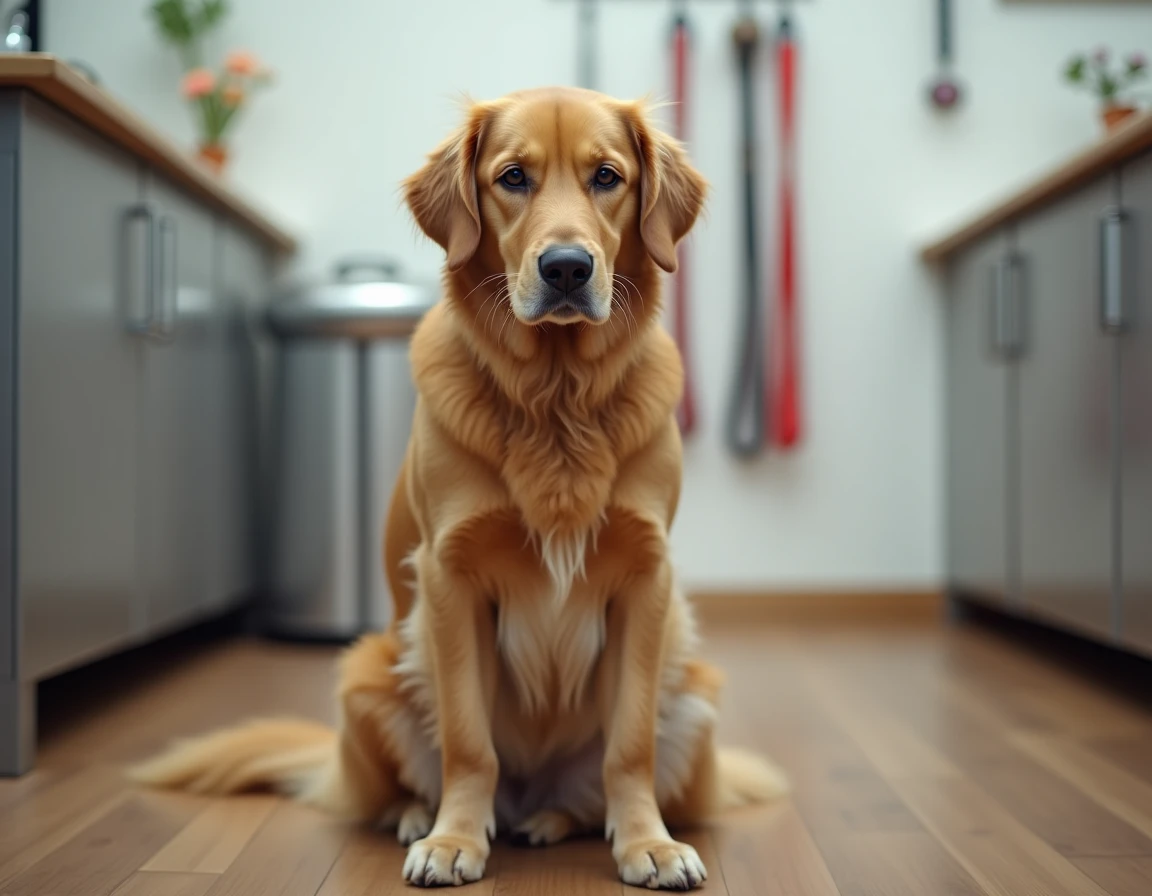 Chien golden retriever semblant triste après le toilettage, assis calmement dans un salon de toilettage moderne