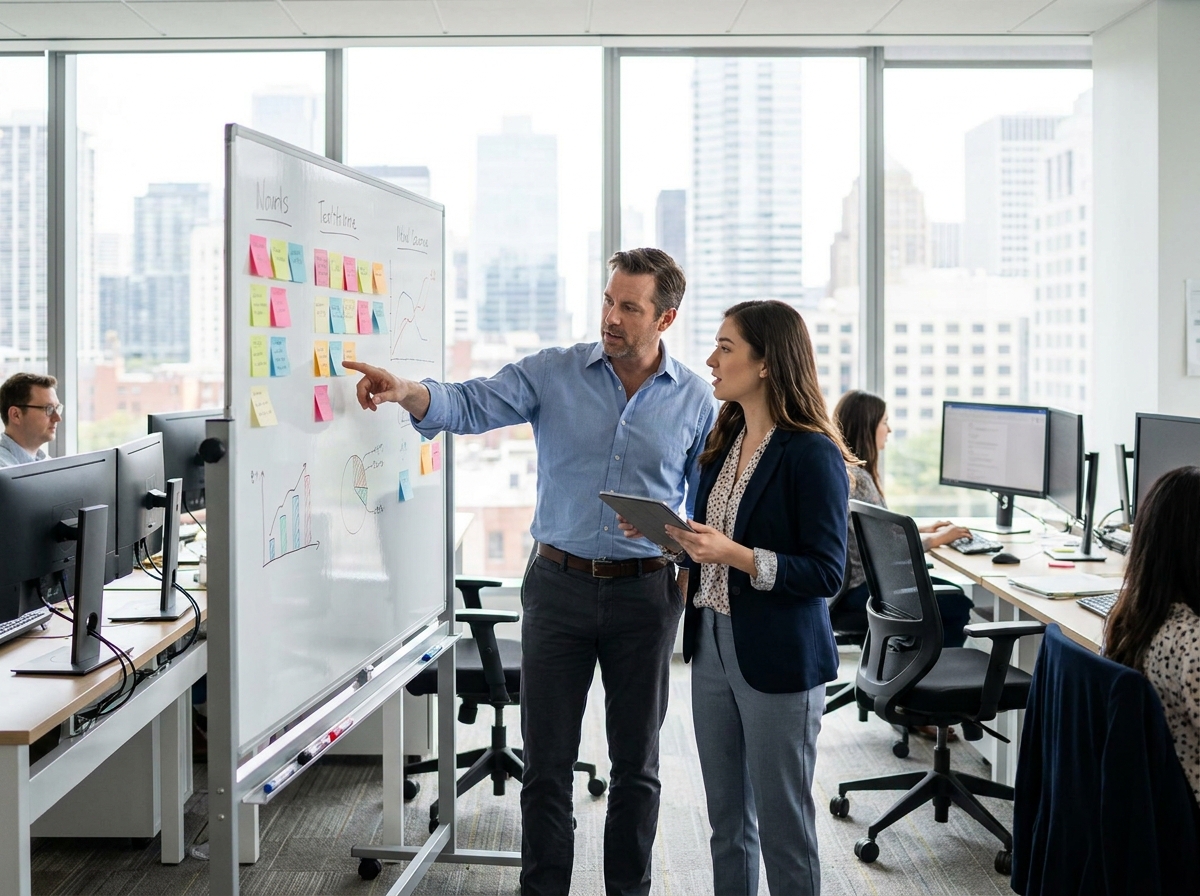 Deux collègues collaborant près d un tableau blanc