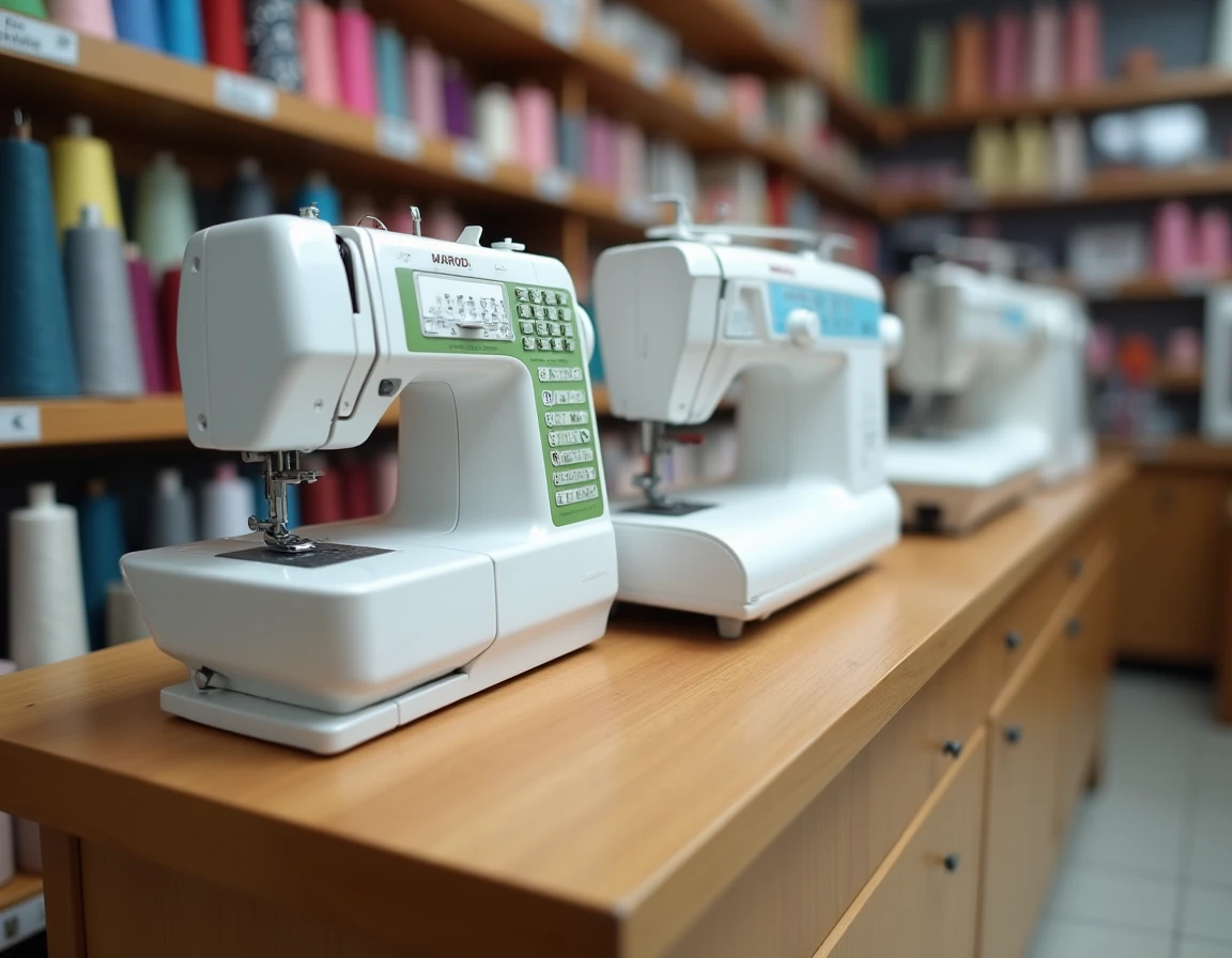 Comparaison de trois machines à coudre différentes exposées dans un magasin de couture