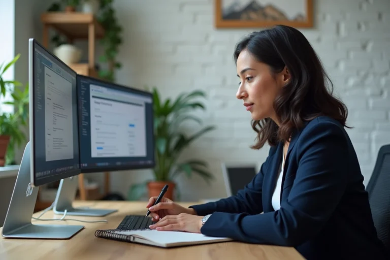 Femme comparant des plateformes freelance comme Kordoz sur un bureau moderne avec ordinateur et notes manuscrites