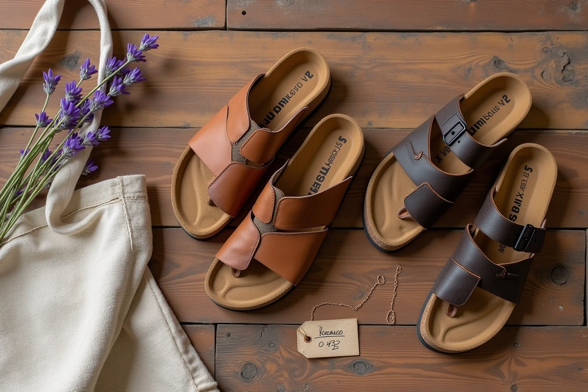 Flat-lay de plusieurs modèles de sandales en liège et cuir alternatives aux Birkenstock sur une surface en bois rustique
