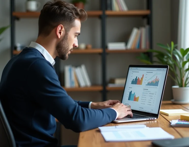 Consultant SEO en formation travaillant sur des outils d'analyse de mots-clés sur son ordinateur portable dans un bureau à domicile