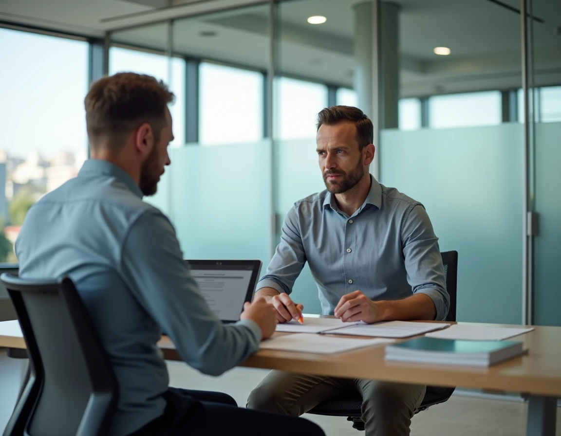 Expatrié français en consultation avec un conseiller en assurance santé internationale dans un bureau professionnel