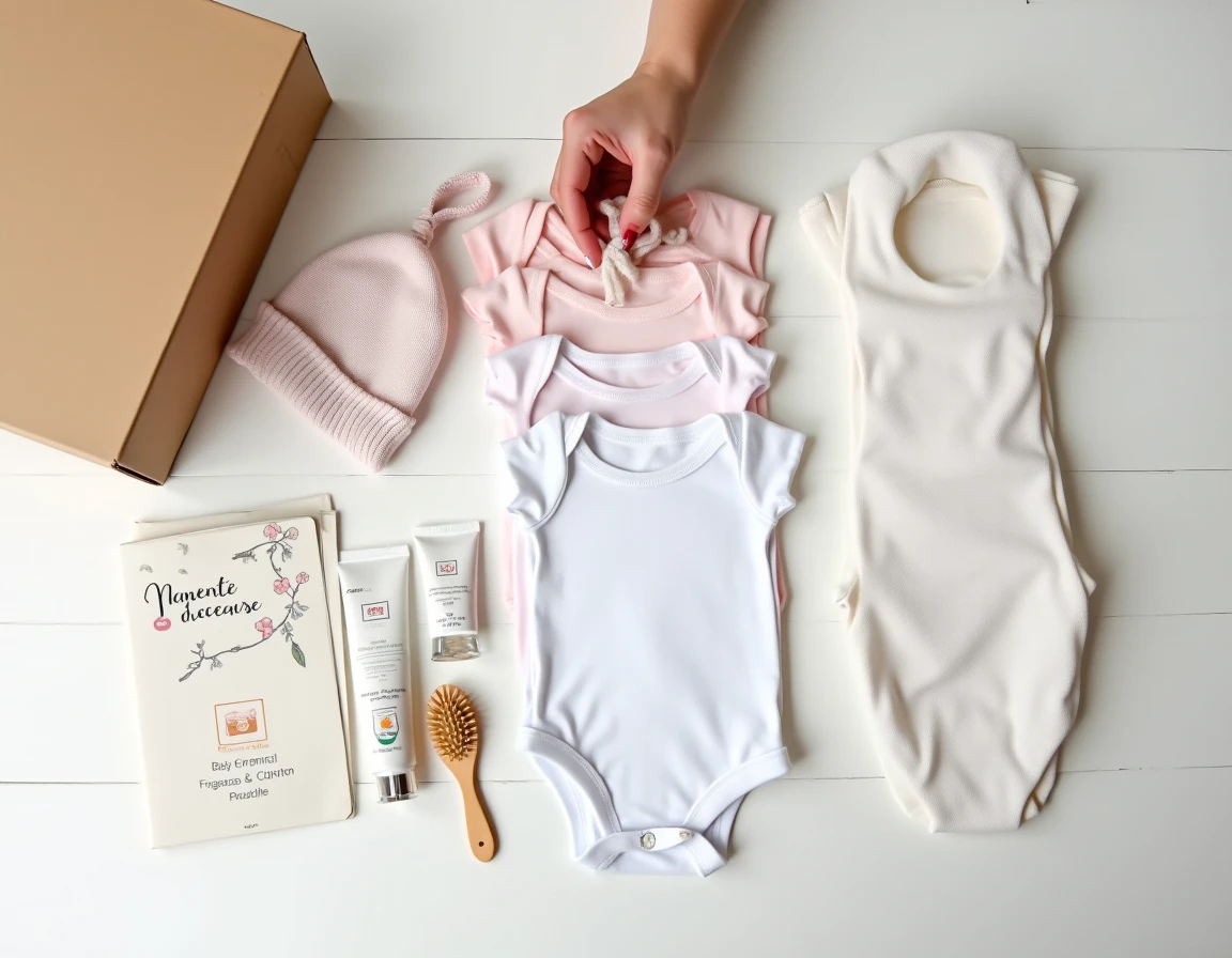 Vue à plat des produits contenus dans une box naissance gratuite distribuée par le gouvernement français en 2026