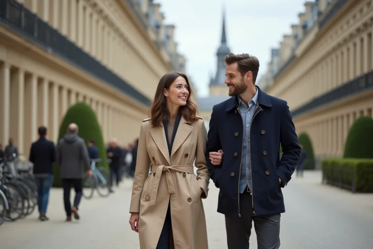 Couple se promenant dans un boulevard haussmannien de Versailles avec façades en pierre calcaire et balcons en fer forgé