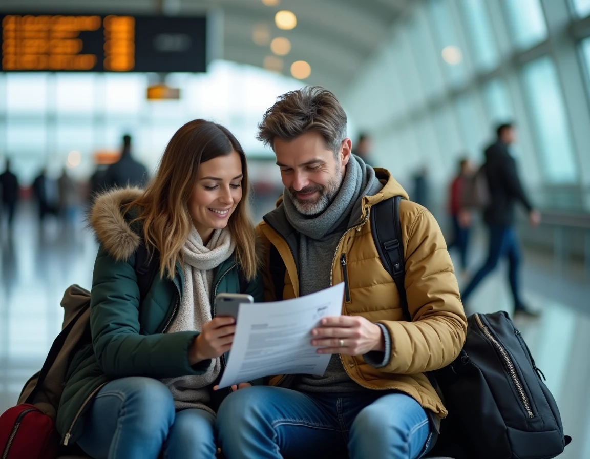 Couple d'expatriés français comparant des assurances santé internationales sur smartphone dans un aéroport