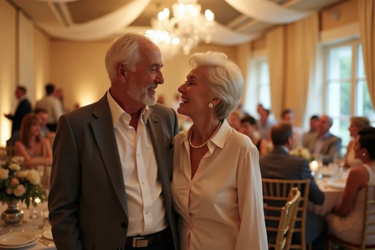 Couple de personnes âgées célébrant leurs 50 ans de mariage entouré de leur famille lors d'une fête élégante