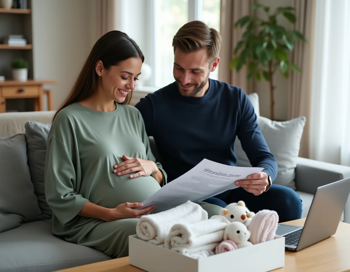 Couple de futurs parents consultant les démarches administratives pour obtenir une box naissance gouvernementale dans leur salon