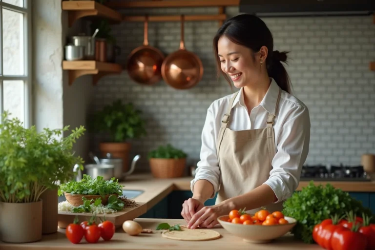 Femme souriante en cuisine avec ingrédients frais
