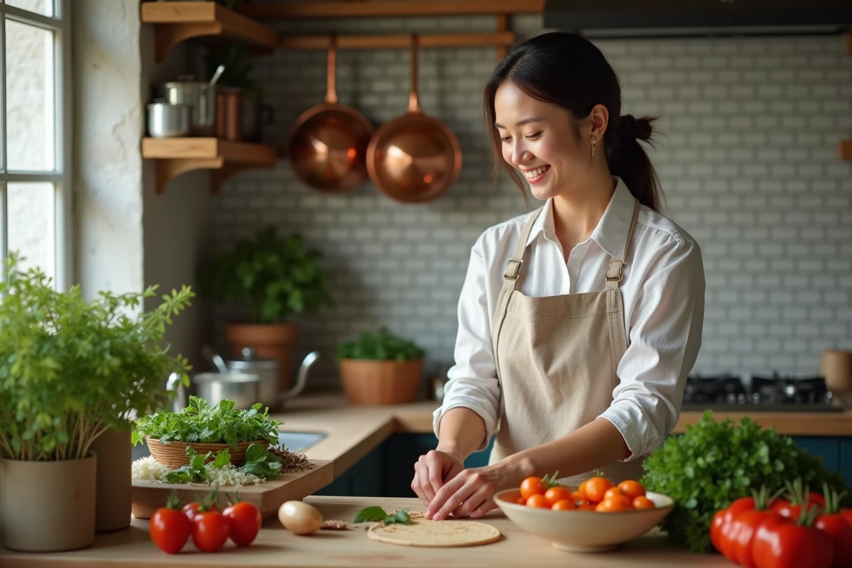 Femme souriante en cuisine avec ingrédients frais