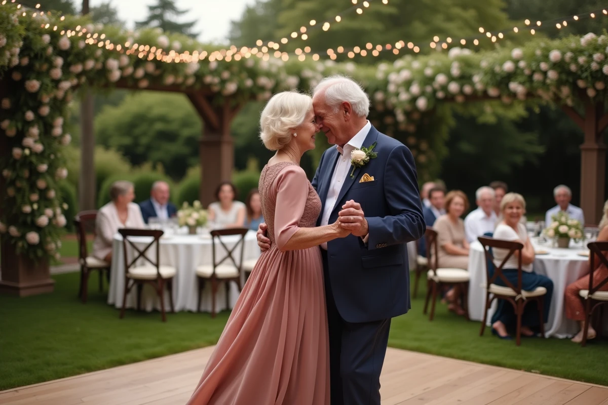 Couple de personnes âgées dansant ensemble lors d'une réception de jardin pour leurs 50 ans de mariage