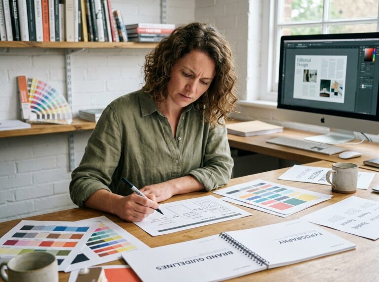 Designer graphique travaillant sur une charte graphique complète avec swatches de couleurs, typographies et maquettes imprimées dans un studio créatif