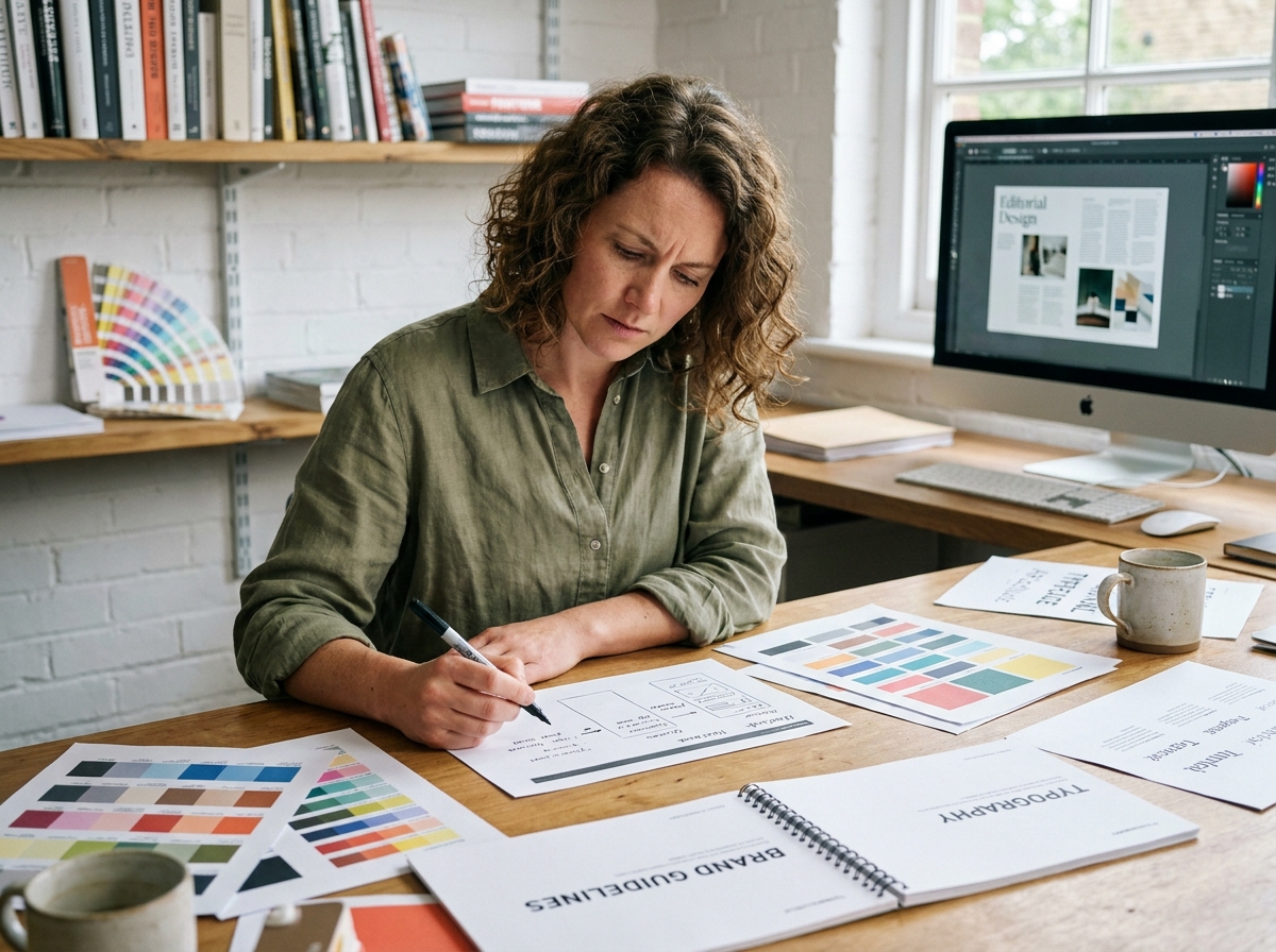 Designer graphique travaillant sur une charte graphique complète avec swatches de couleurs, typographies et maquettes imprimées dans un studio créatif