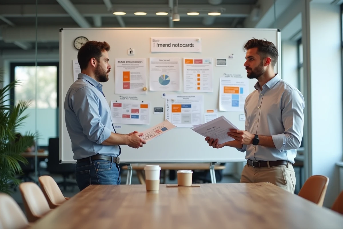 Deux designers d'une agence web discutant d'une stratégie de branding digital devant un tableau blanc couvert de moodboards et de parcours utilisateurs