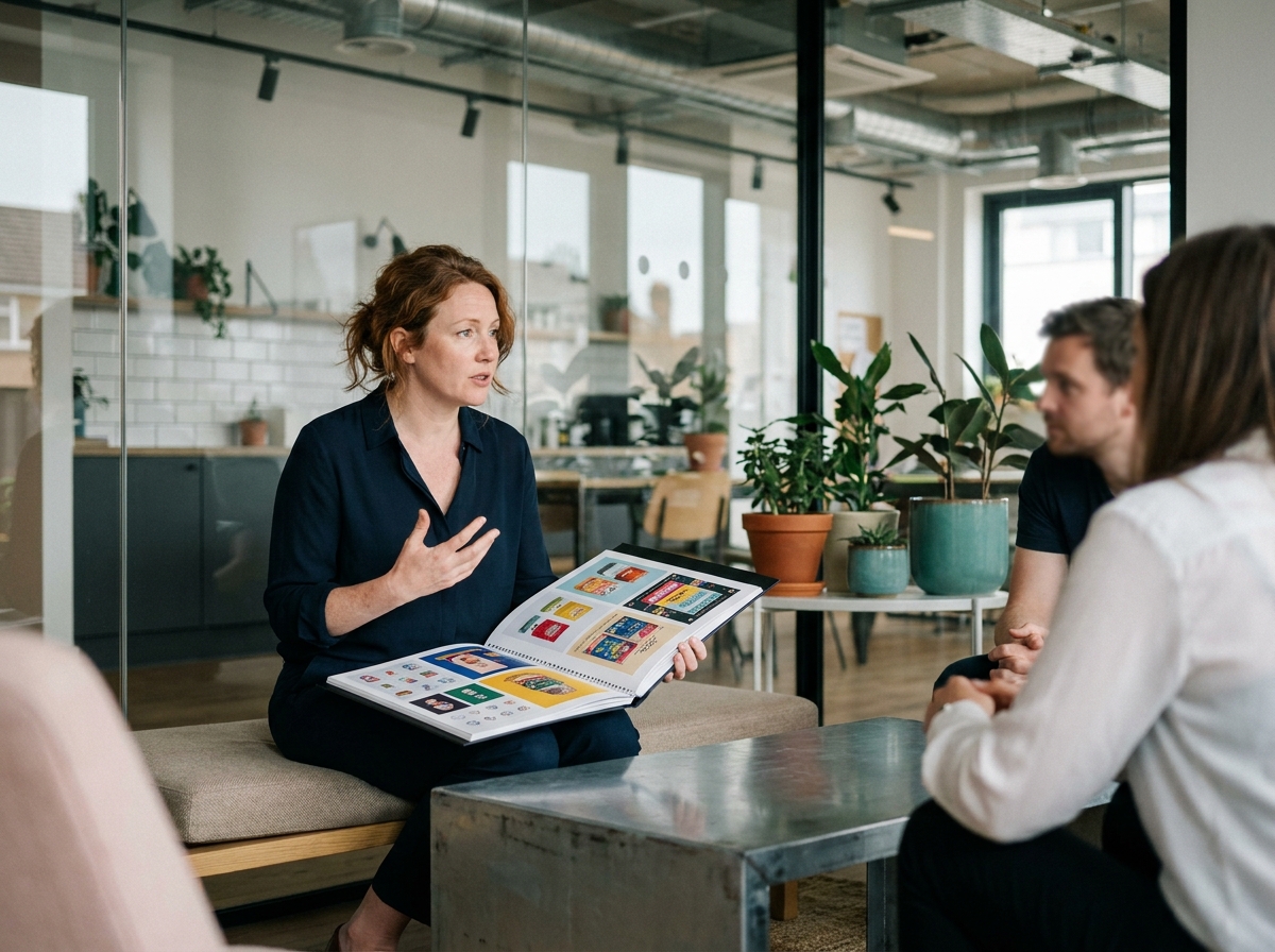 Directrice artistique présentant un portfolio de design graphique incluant packaging, affiches et systèmes d'icônes lors d'une réunion créative dans un espace de coworking