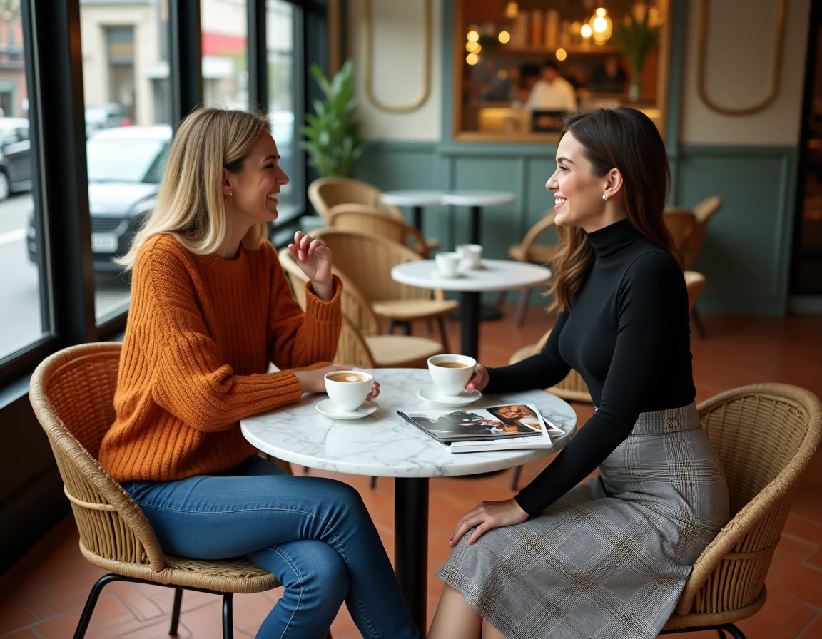 Deux femmes aux styles mode contrastés riant ensemble dans un café parisien avec magazines de mode