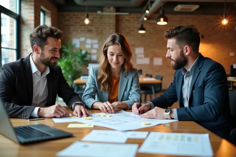 Équipe d'une agence web créative collaborant sur une stratégie de communication digitale autour d'un bureau rempli de maquettes et d'ordinateurs portables
