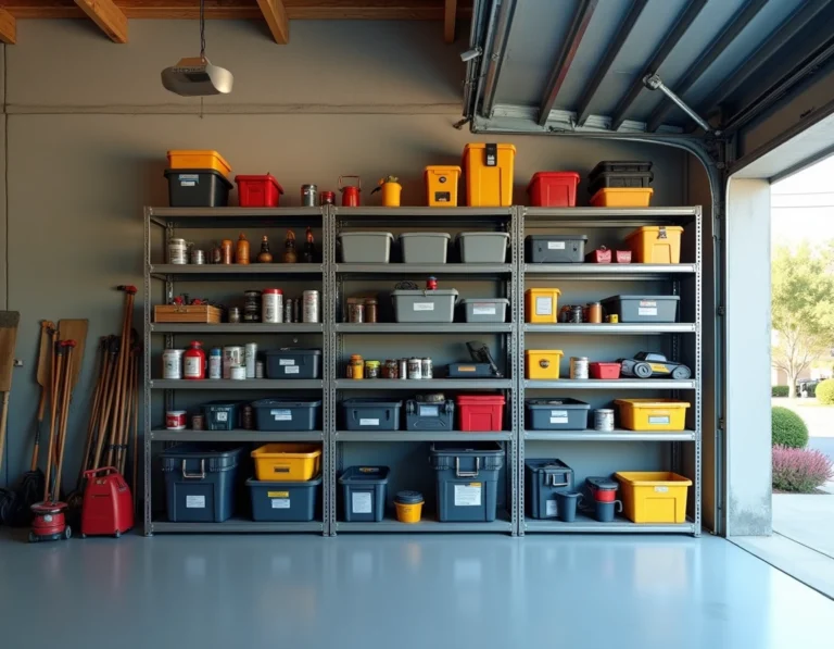 Étagère de garage en métal robuste fixée au mur avec rangement organisé de bacs, outils et équipements de jardinage