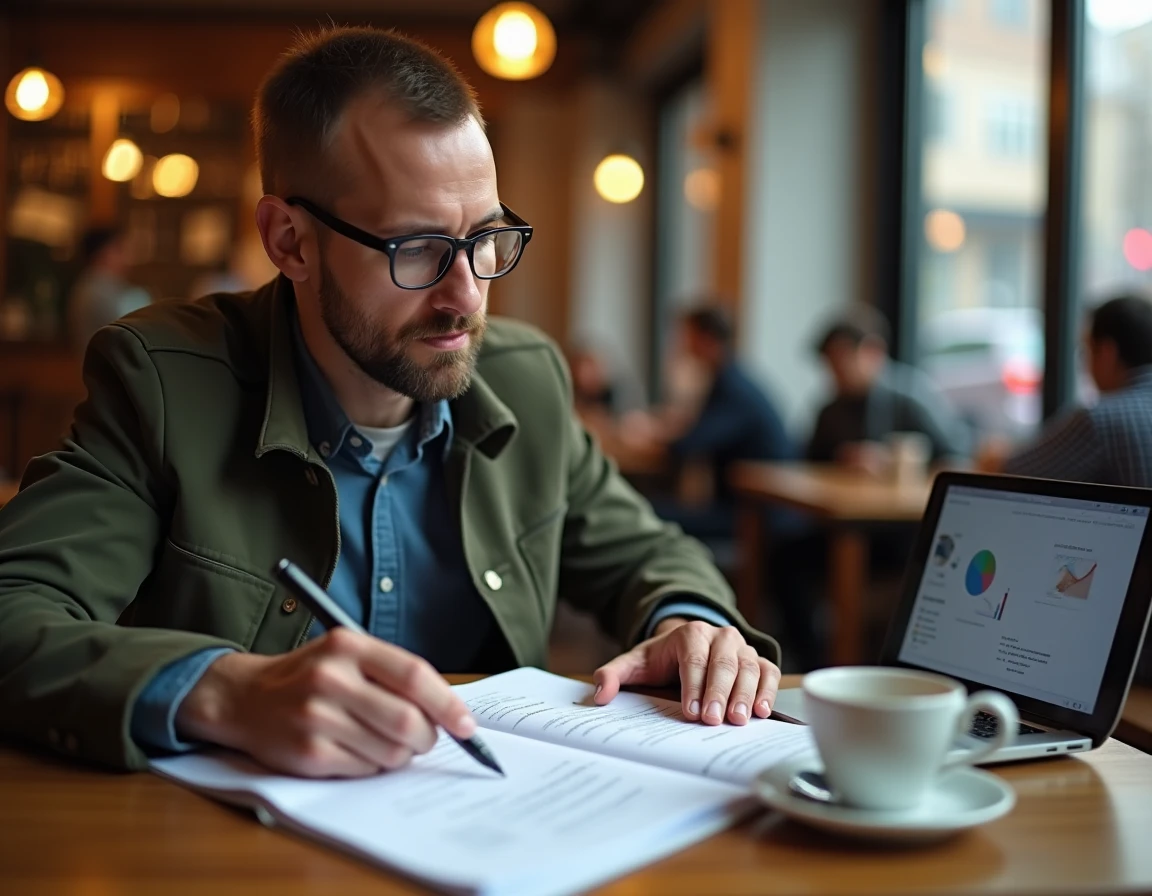 Homme étudiant un manuel de formation SEO certifiante dans un café avec une tablette affichant une plateforme de cours en ligne