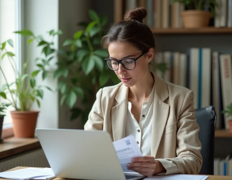 Expatriée française comparant des offres d'assurance santé internationale sur ordinateur portable à son bureau