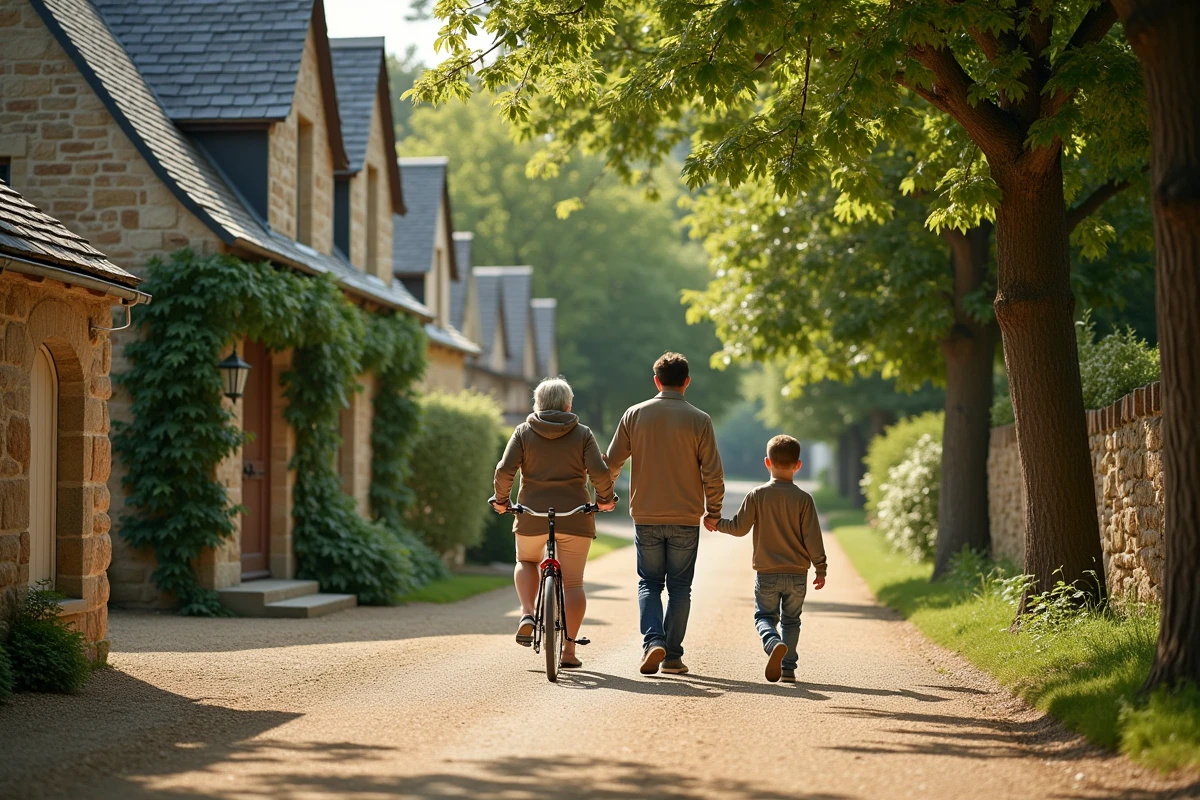 Famille se promenant dans une rue résidentielle arborée du quartier rive gauche de Versailles avec villas en pierre