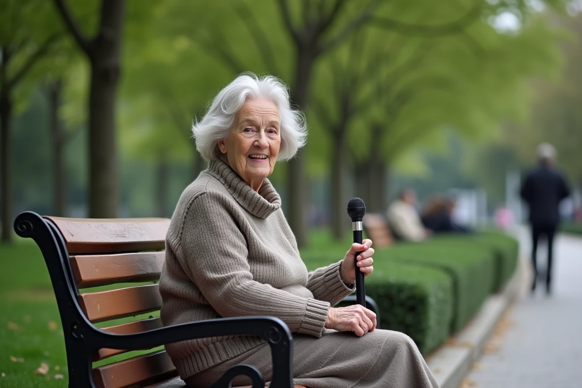 Femme âgée assise sur un banc dans un parc urbain