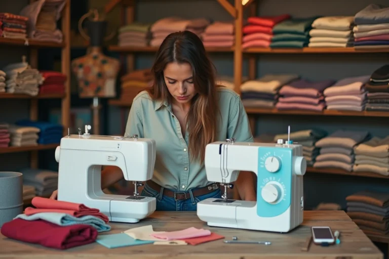 Femme examine deux machines à coudre dans un atelier cosy