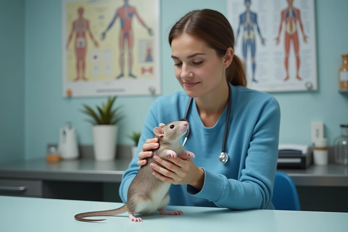 Femme tenant un rat domestique dans un cabinet vétérinaire