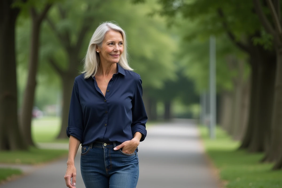 Femme en promenade dans un parc arboré en tenue décontractée