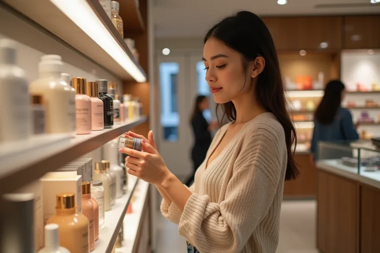 Femme examinant des produits de beauté en boutique