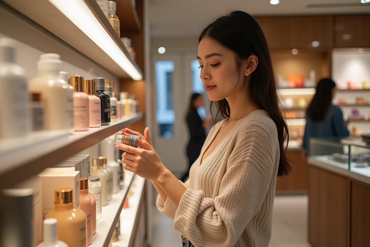 Femme examinant des produits de beauté en boutique
