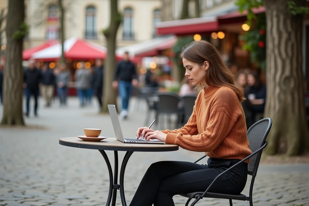 Jeune femme professionnelle travaillant dans un café en terrasse sur une place pavée animée de Versailles