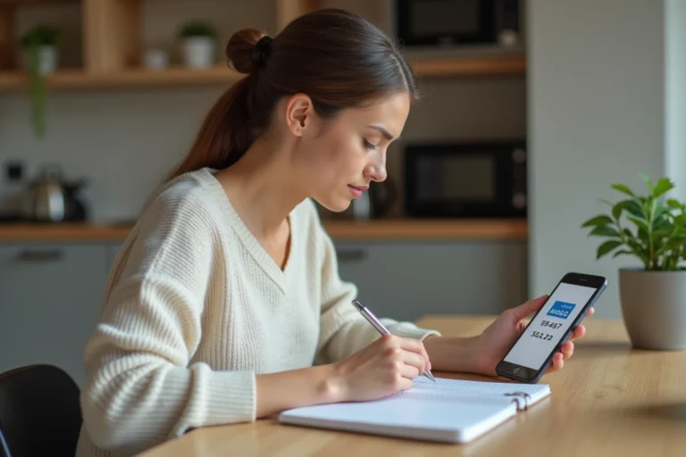 Femme utilisant une calculatrice HCG sur smartphone dans une cuisine chaleureuse