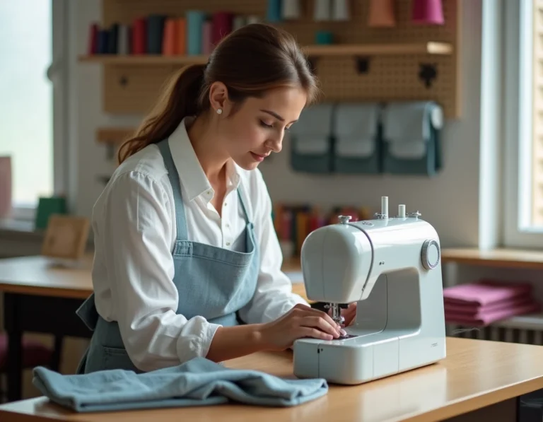 Femme choisissant une machine à coudre moderne dans un atelier de couture à domicile