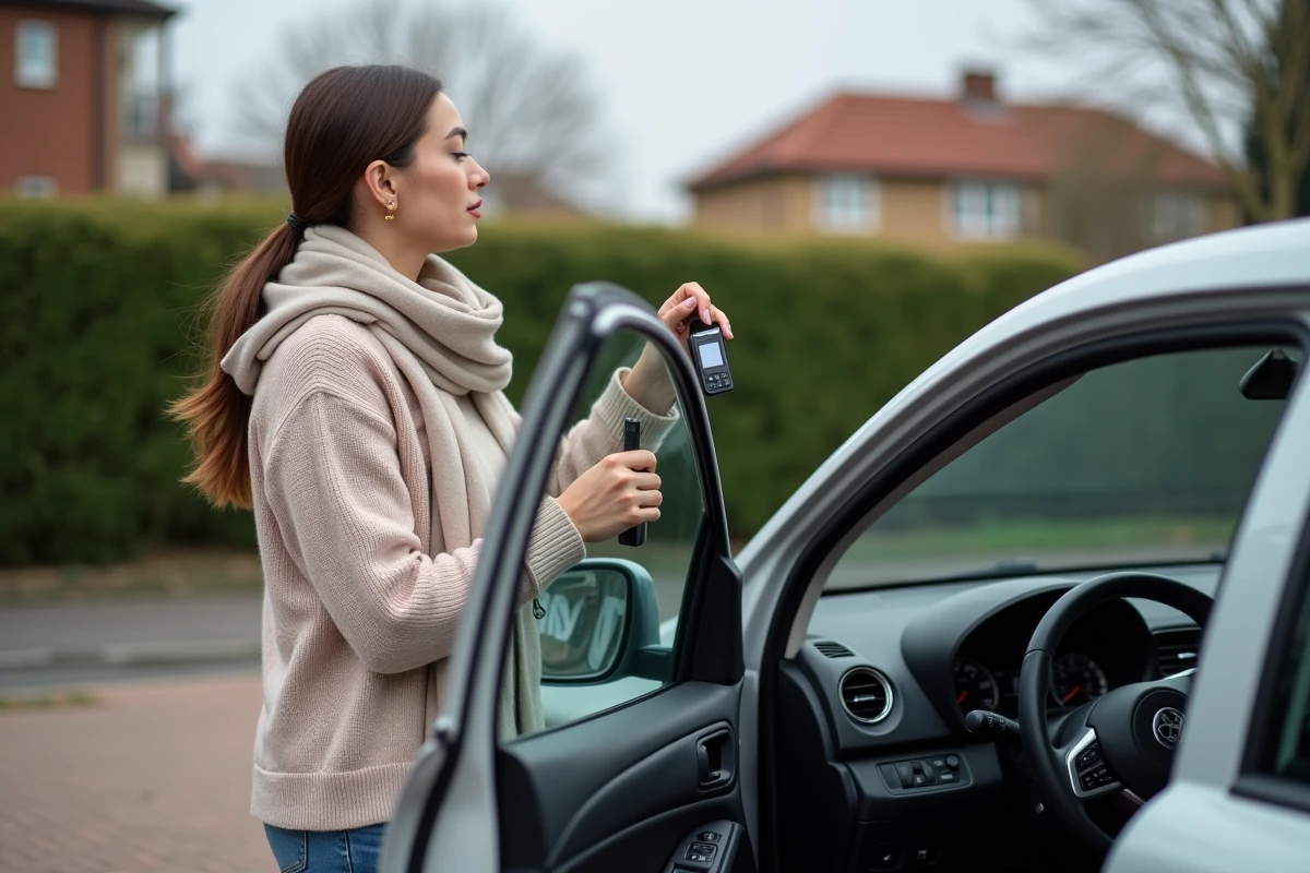 Femme examinant un outil de diagnostic avec une clé de voiture