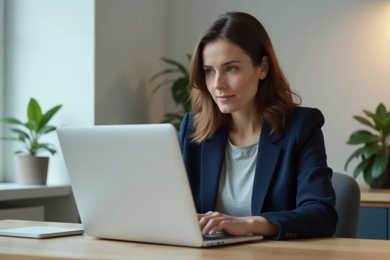 Femme entrepreneur consultant une plateforme d'investissement comme Leevna sur son ordinateur portable dans un bureau moderne