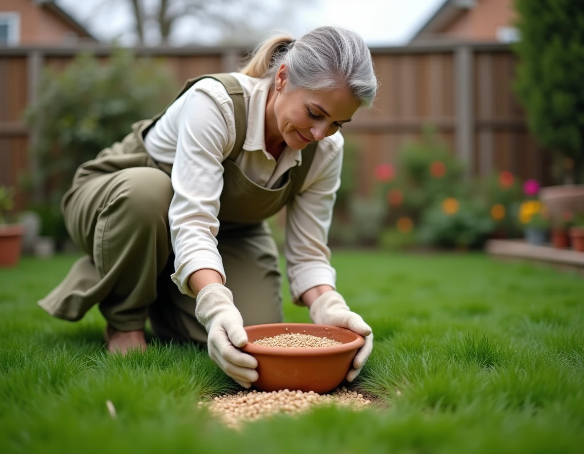 Femme épandant un engrais naturel en granulés sur une pelouse verte dans un jardin résidentiel au printemps