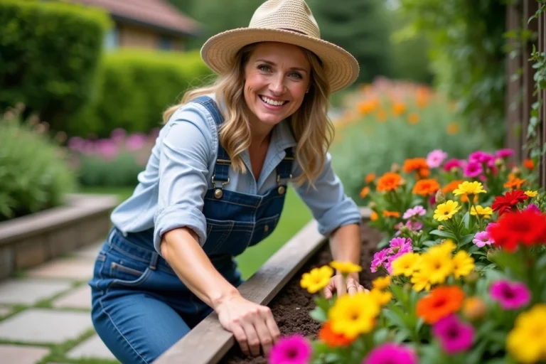 Femme plantant des petunias colorées dans un jardin