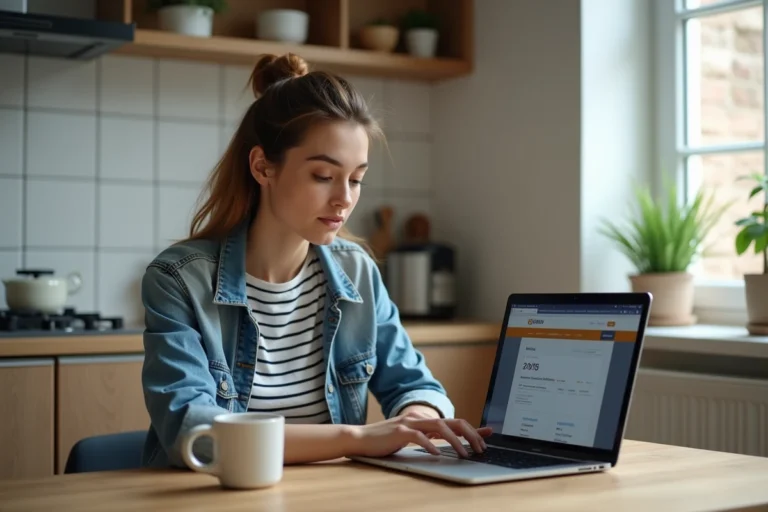 Femme en denim et chemise rayée utilisant un ordinateur portable à la maison