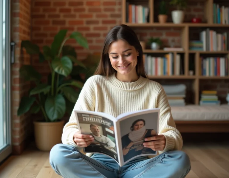 Femme lisant le magazine Flow3 dans un appartement cosy avec des plantes vertes et des étagères colorées