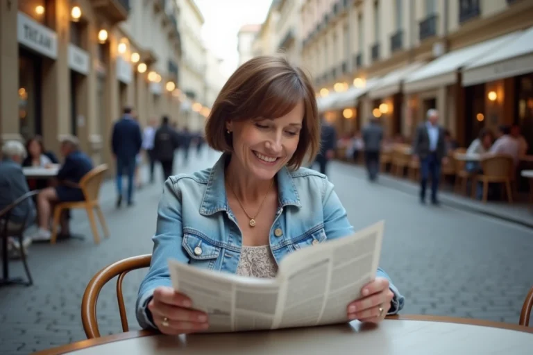 Femme d'âge moyen lisant un journal curieuse en café européen